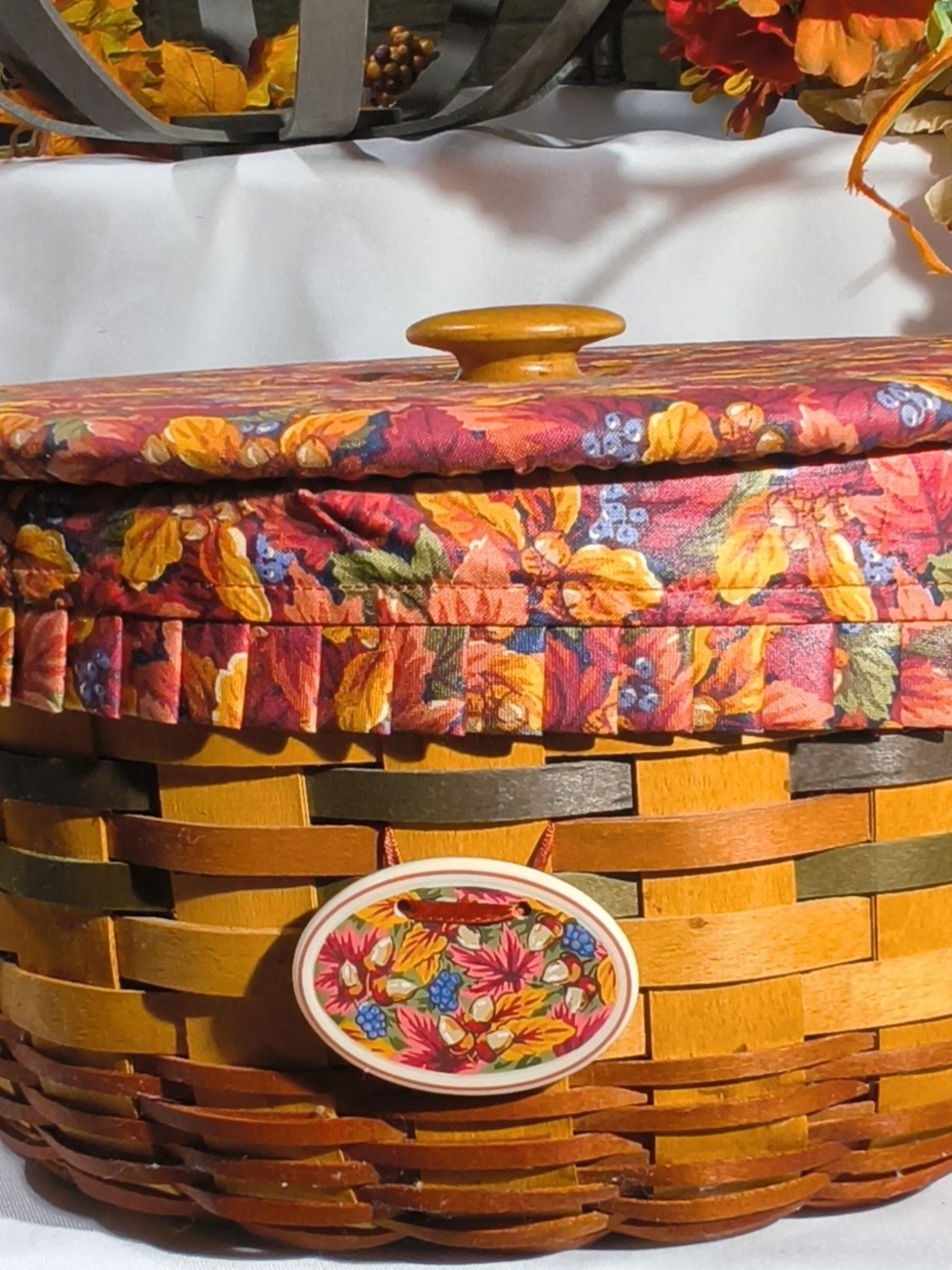 Longaberger Yellow and Brown Woven Basket with Floral Fabric Lid
